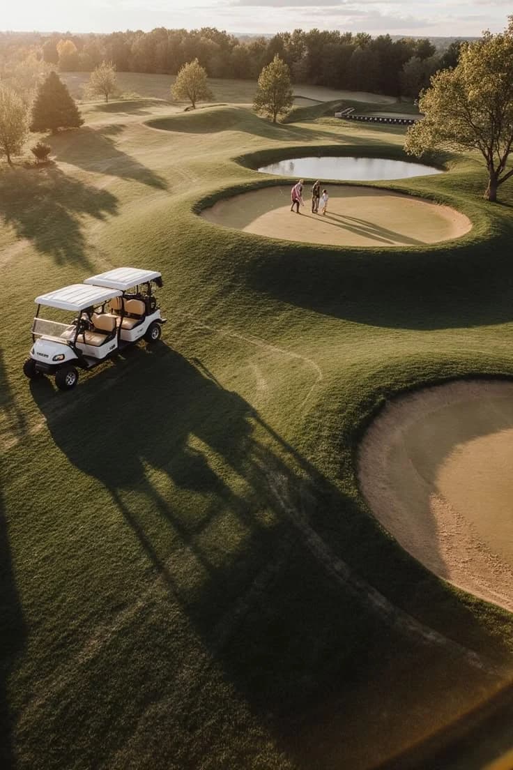 Campo de golfe ilustrativo com horizonte iluminado pelo pôr do sol