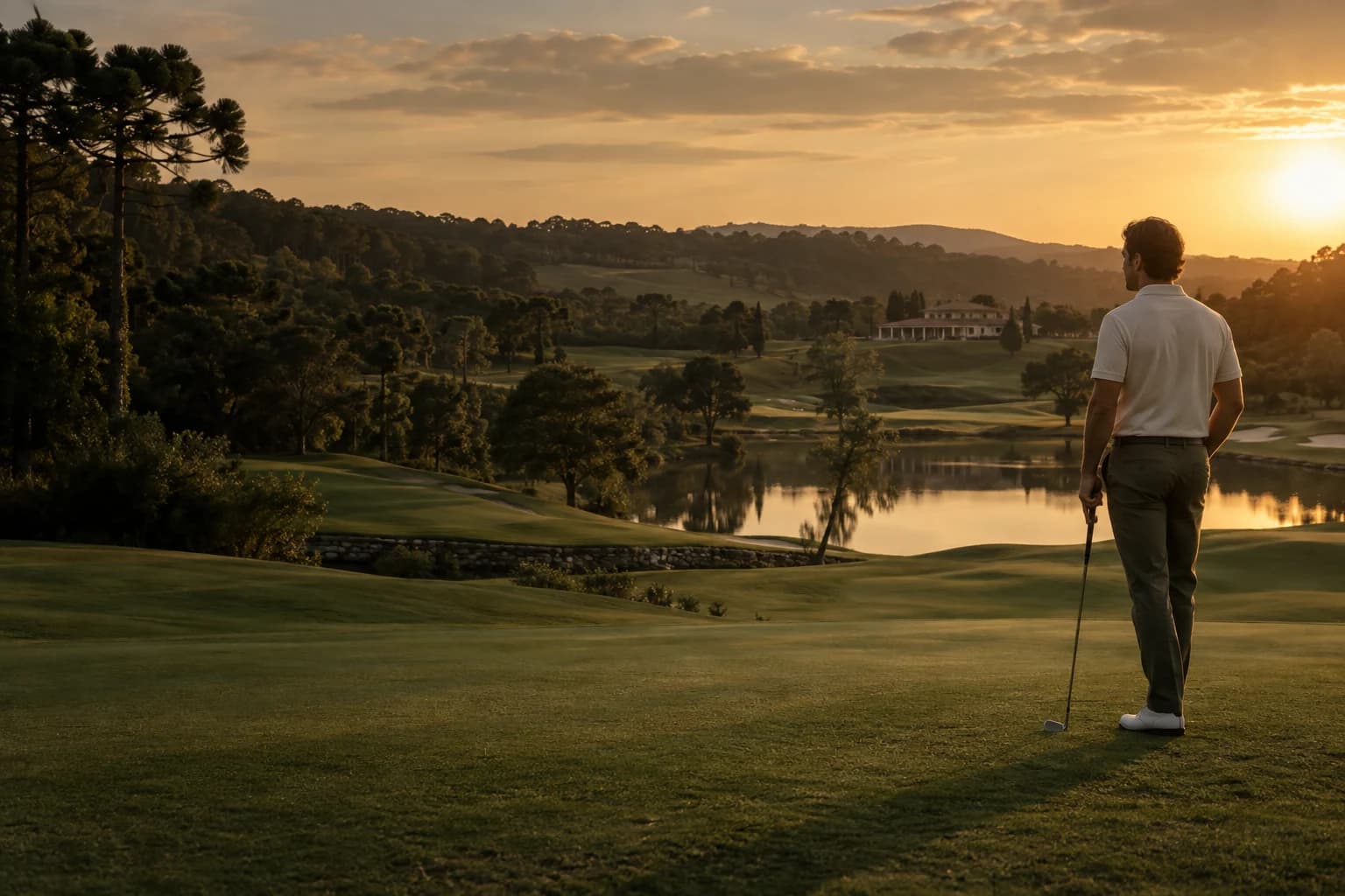 Paisagem ilustrativa de um campo de golfe ao pôr do sol